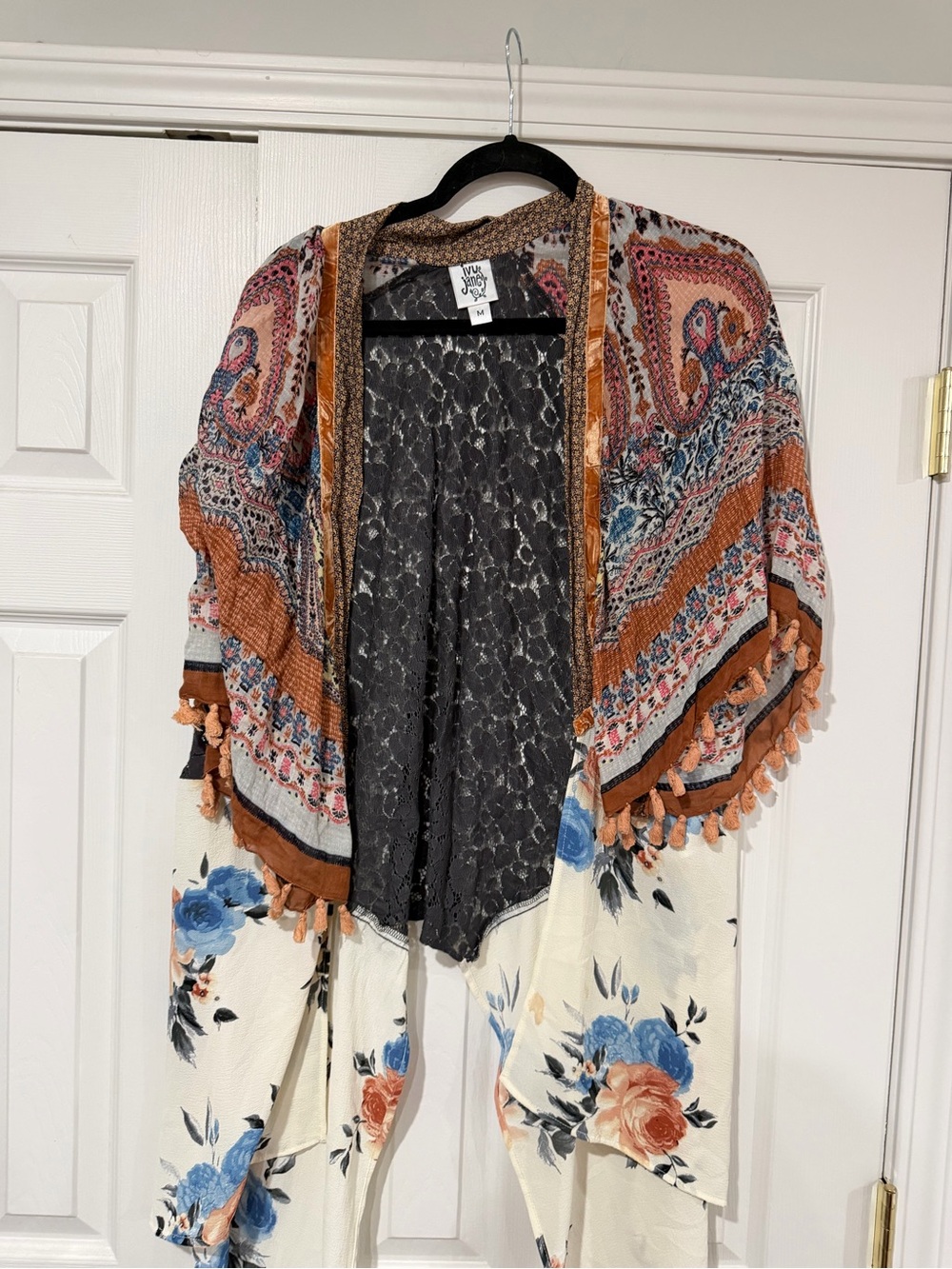 ivy jane Floral Border Lace-Back Kimono in Black and Mustard